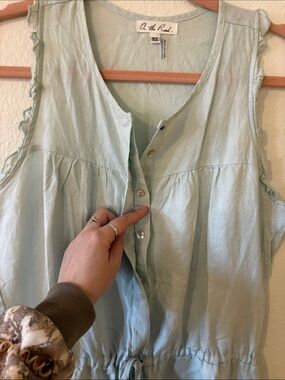 On The Road Light Blue Linen Sleeveless Button-Front Jumpsuit with Drawstring